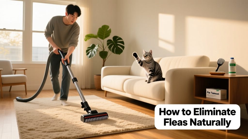 Person vacuuming a living room rug while a cat watches from a nearby sofa