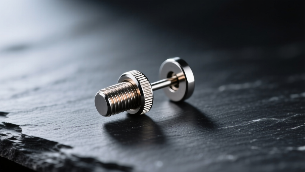 Macro shot of an ASTM F136 implant-grade titanium threaded earring post resting on dark slate with soft, directional reflections