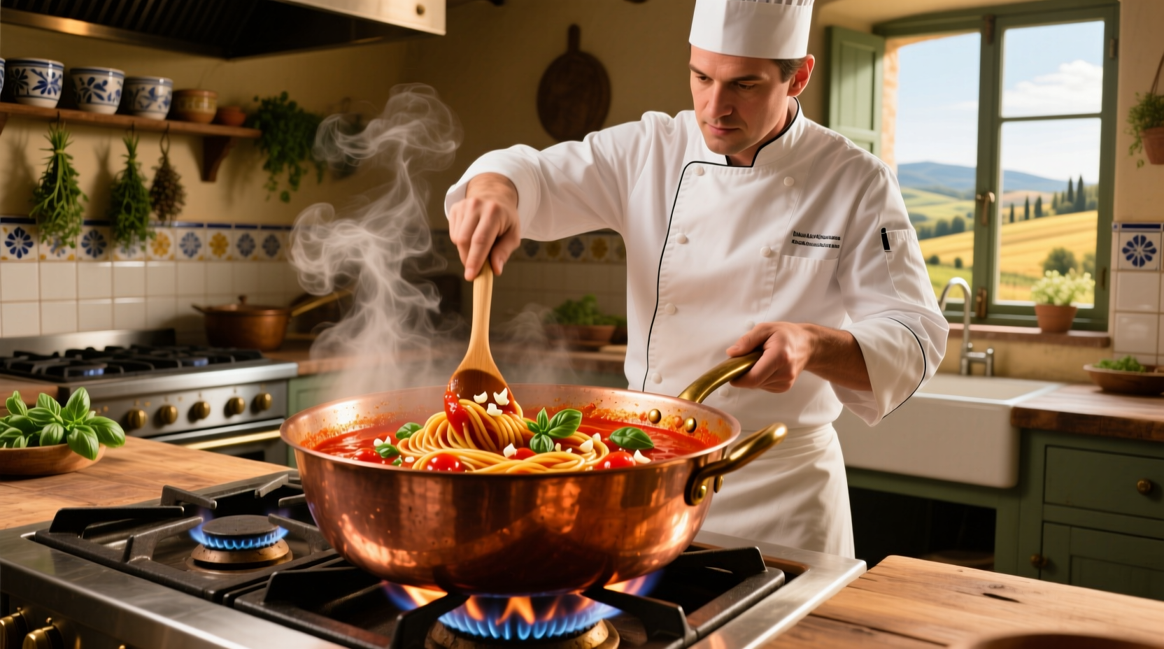 Chef stirring vibrant red pasta sauce in copper pot