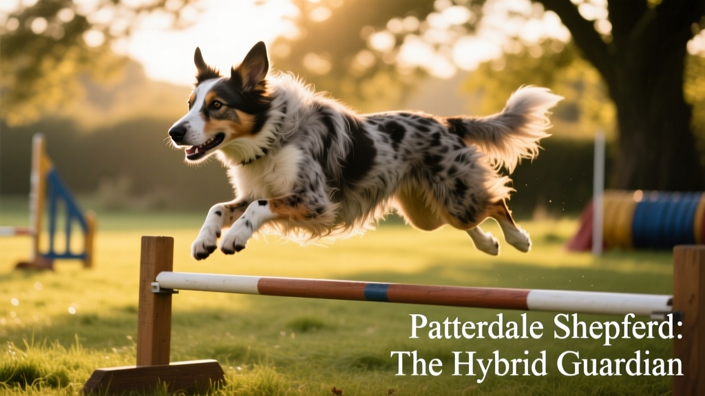 A Patterdale Shepherd mid-stride during an agility course, jumping over a low bar with focused determination