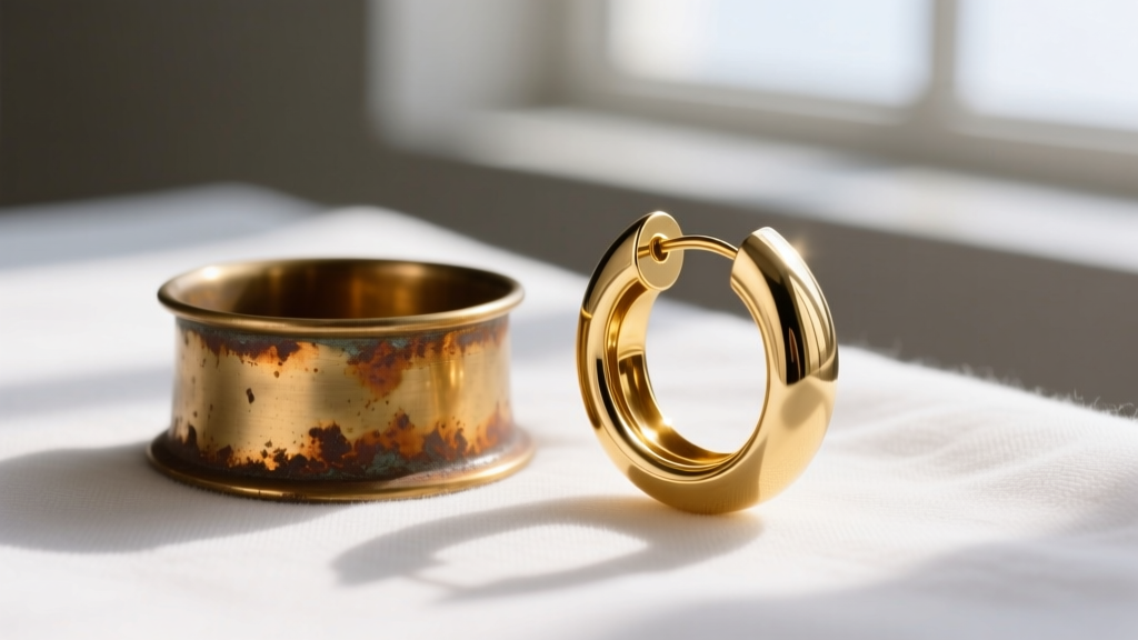 Close-up of tarnished brass base beside a pristine gold-plated YSL earring on white cloth, showing the protective metal coating.