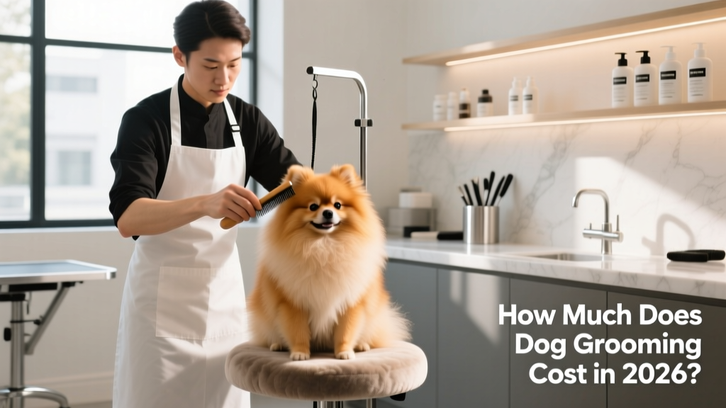FurPetVo groomer demonstrating proper brushing technique on a relaxed Pomeranian in a sunlit grooming suite