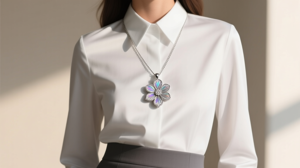 Close-up of a woman wearing a subtle silver-tone Betsey Johnson floral pendant over a crisp white collared office blouse.