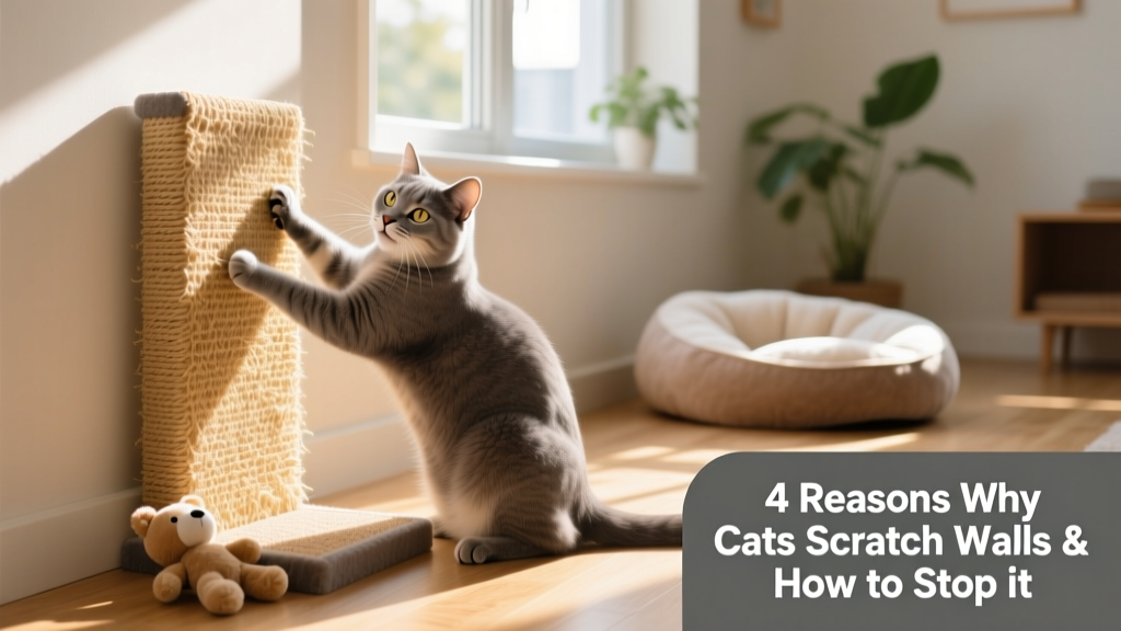 A cat happily using a sisal-covered wall-mounted scratcher beside a sunny window, with a nearby toy and bed