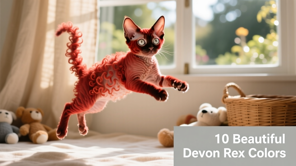 Playful red Devon Rex kitten mid-leap, showcasing its curly coat and energetic expression