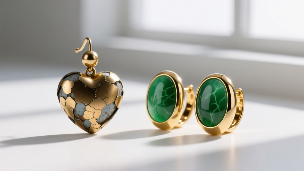 Comparison of a peeling brass-plated heart bead earring next to a high-quality solid 14k gold and natural jade pair.