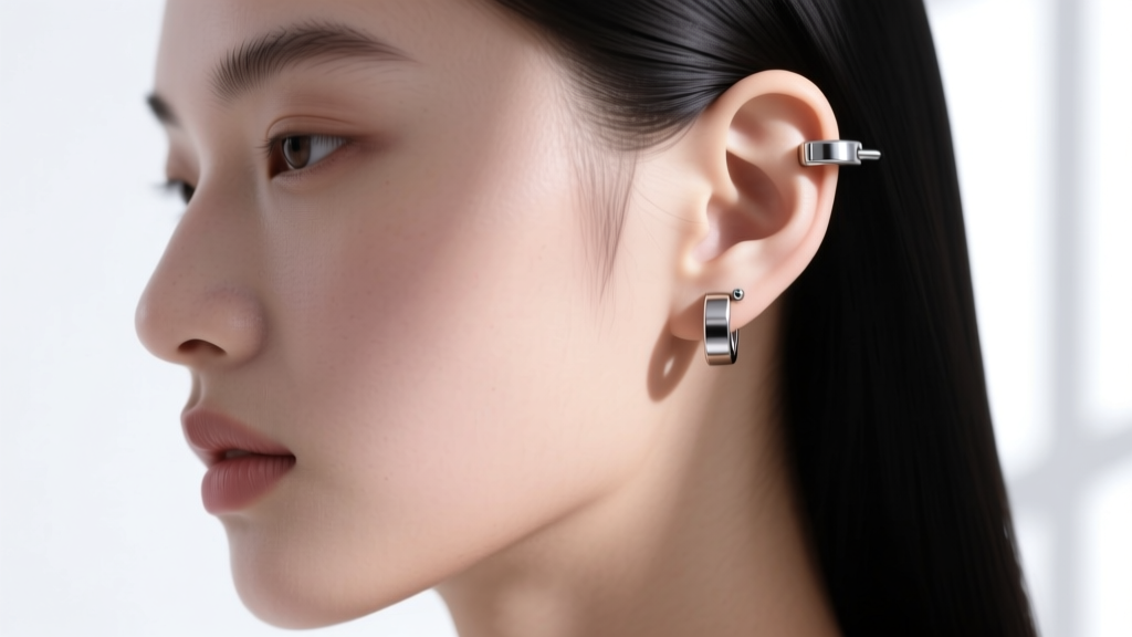 Side profile of a model wearing an 18-gauge titanium click-top segment ring in the upper cartilage, showcasing the seamless hinge line.