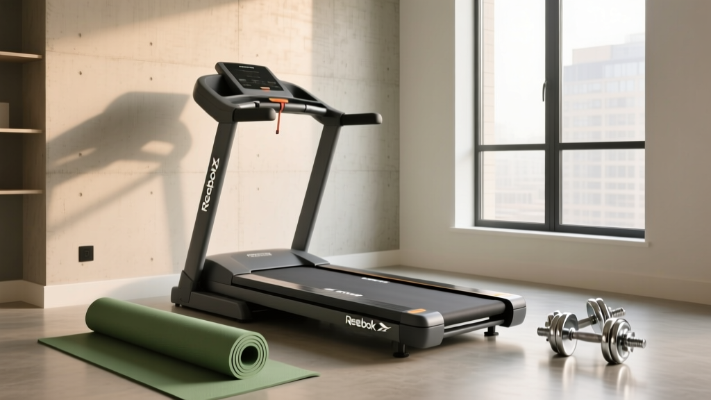 Reebok Z Tech treadmill folded neatly against a modern apartment wall with a yoga mat and dumbbells nearby