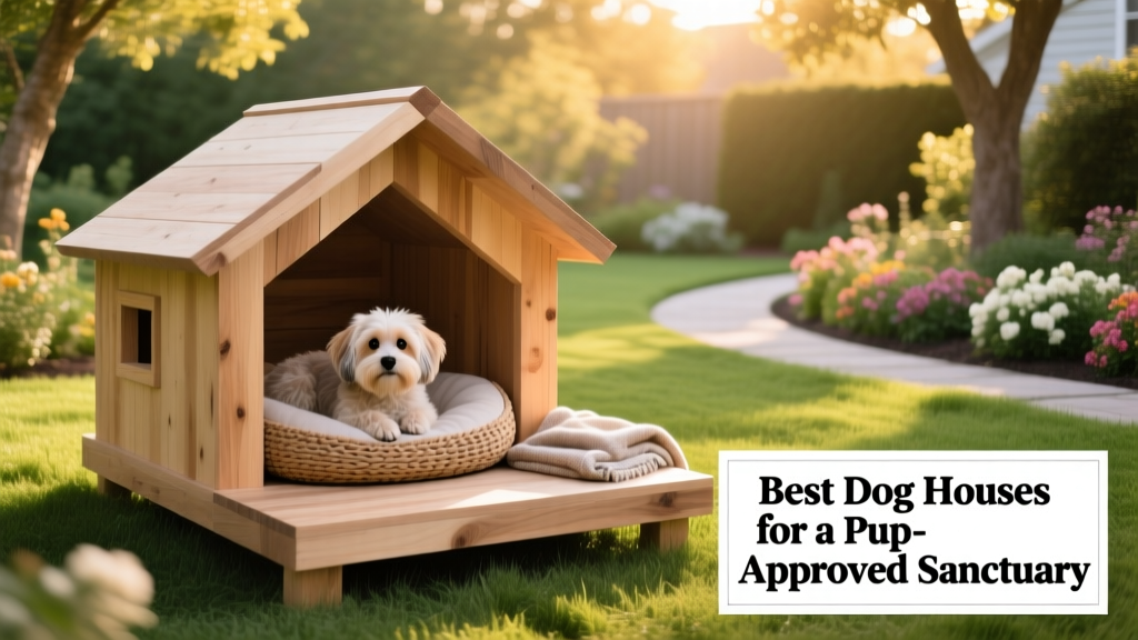 A small dog relaxing inside a stylish wooden indoor dog house with a raised viewing platform
