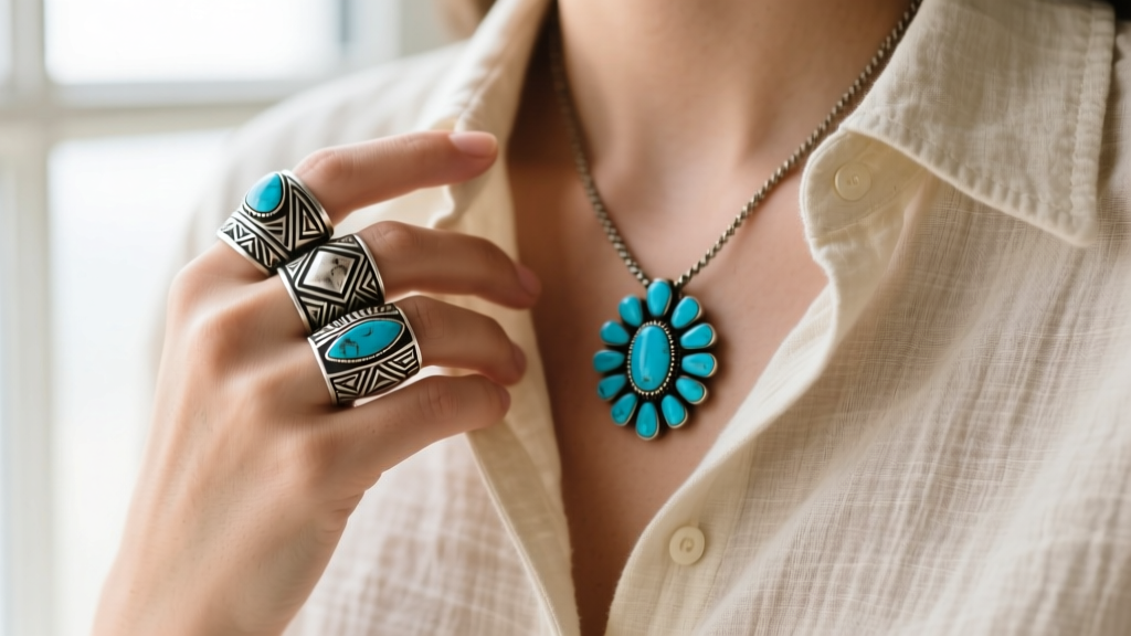 Layered oxidized silver Navajo rings and a turquoise squash blossom necklace worn over a minimalist beige linen button-down shirt.