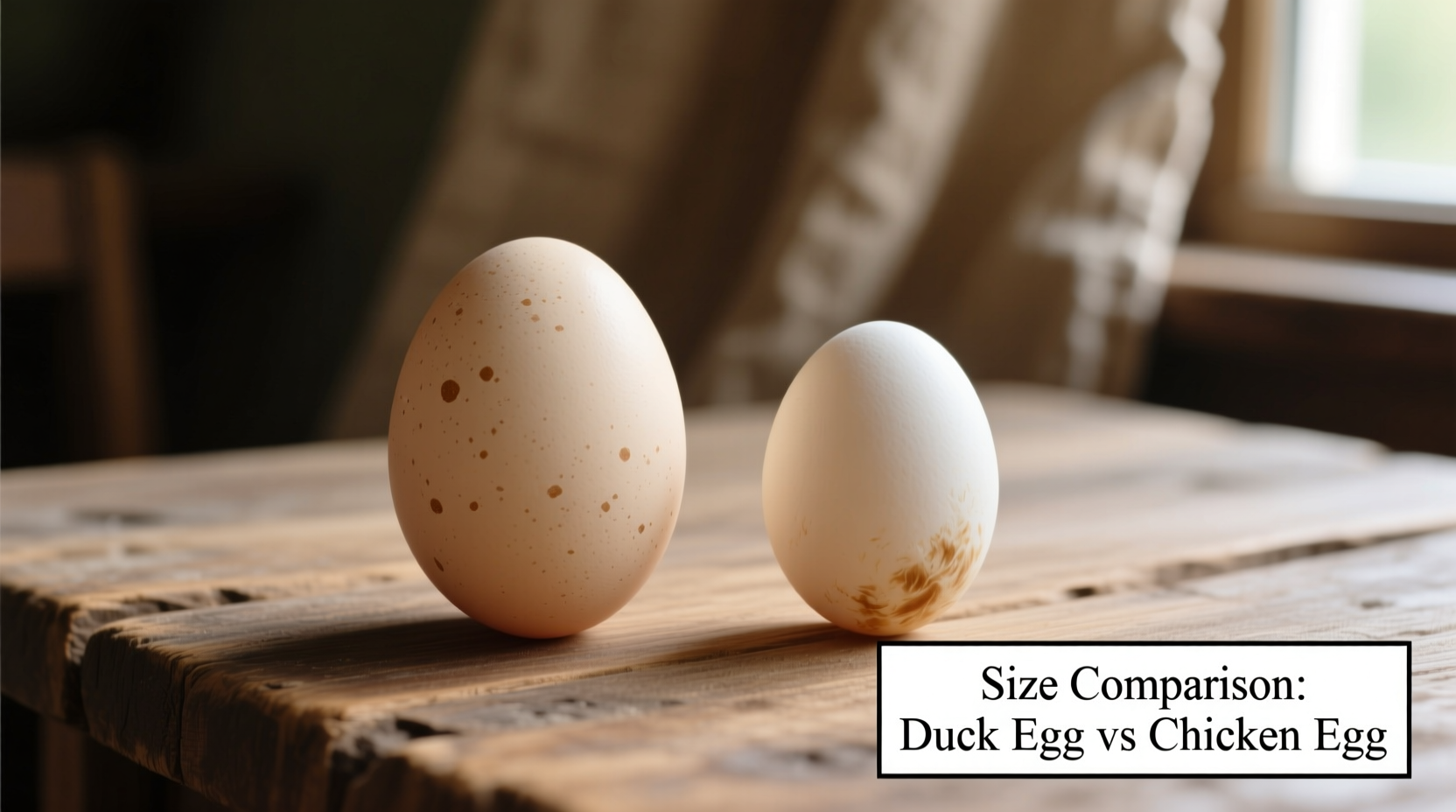 Fresh duck eggs beside chicken eggs for size comparison