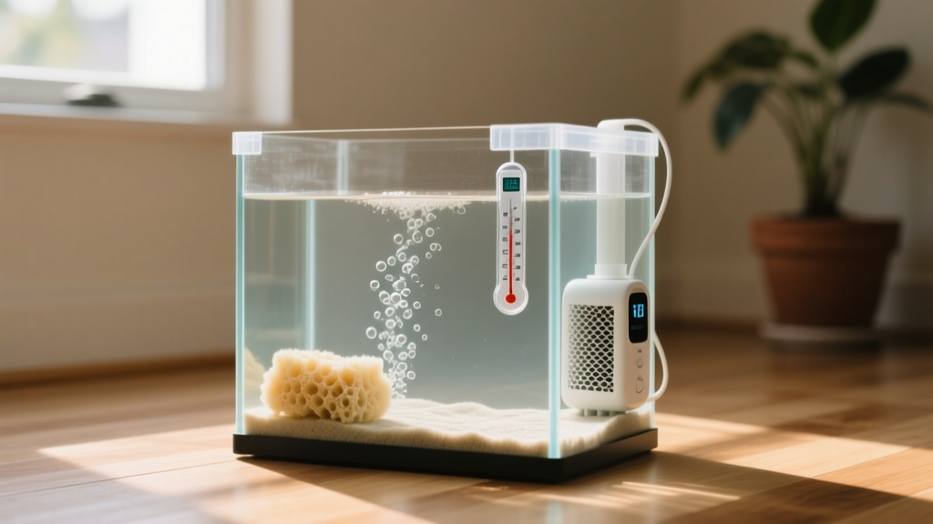 A clean, minimalist 10-gallon quarantine tank with a sponge filter, heater, and thermometer — no substrate or elaborate decor