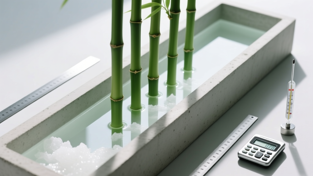 Green bamboo poles submerged in a concrete trough filled with white borax solution, with measuring equipment nearby