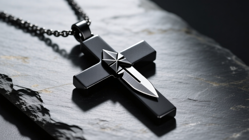 Matte black steel cross pendant on slate, revealing a small folded tactical blade concealed within the religious jewelry design.