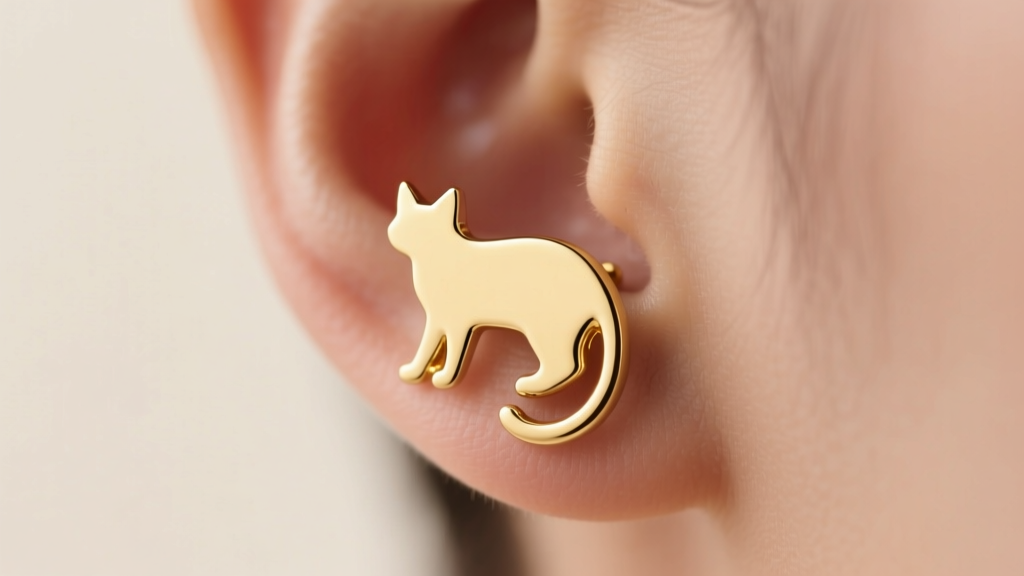 Macro shot of a 14k gold cat silhouette stud earring on an earlobe, soft studio lighting highlighting polished metal edges.