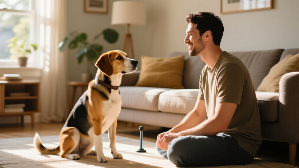 A calm, focused dog sitting attentively beside their owner in a sunlit living room