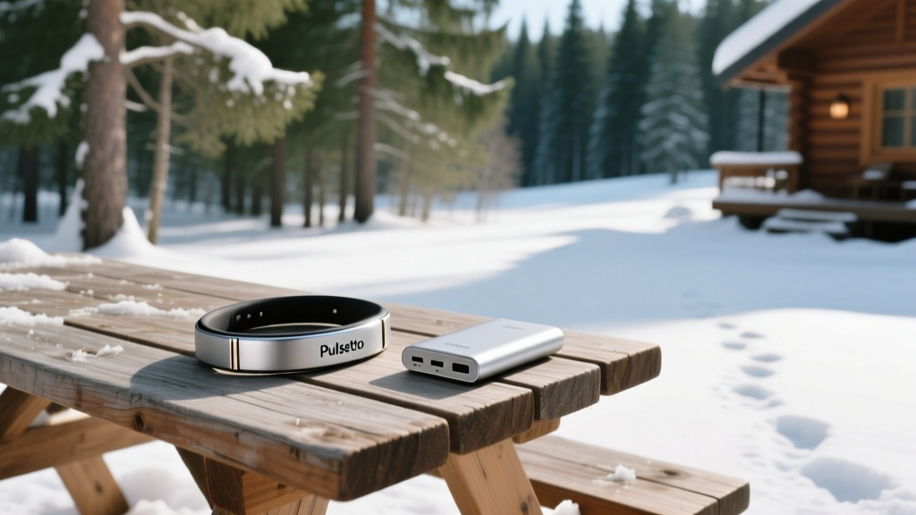 Pulsetto neckband and a portable power bank resting on a wooden picnic table at a snowy winter cabin retreat