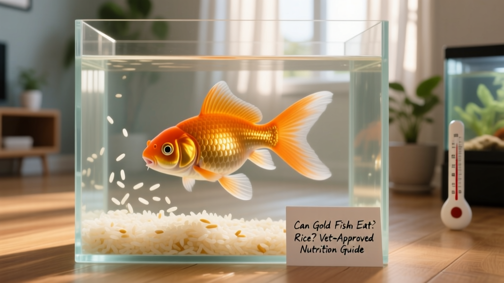 Close-up of a healthy goldfish swimming near sinking cooked rice grains in a clean aquarium
