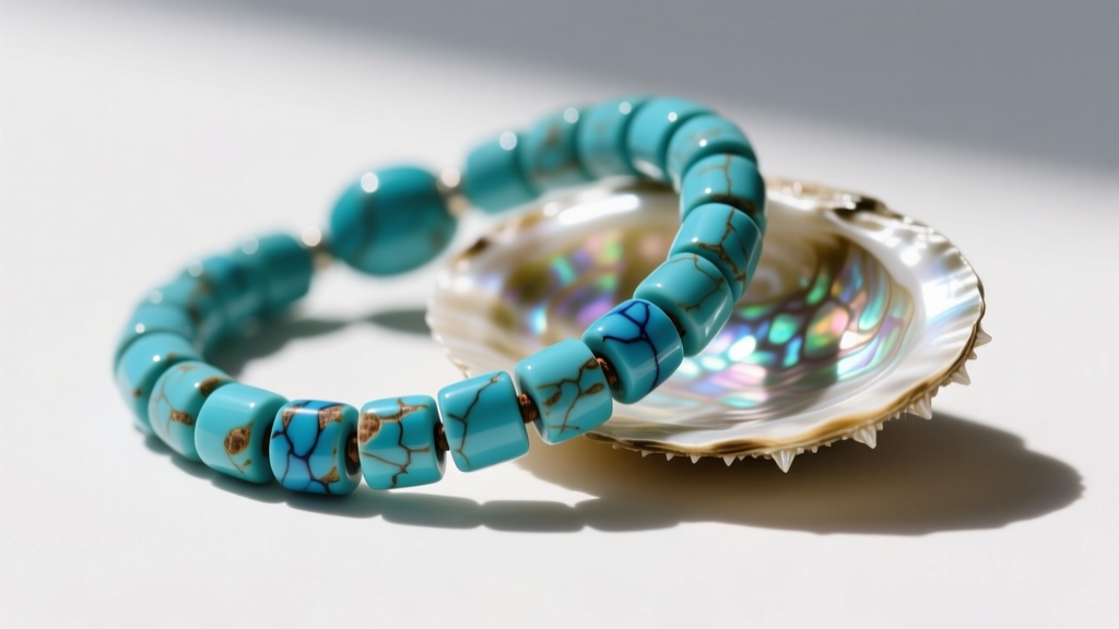 Macro photography of genuine turquoise heishi beads interlocked with hand-cut spiny oyster shell, showing natural matrix variations.
