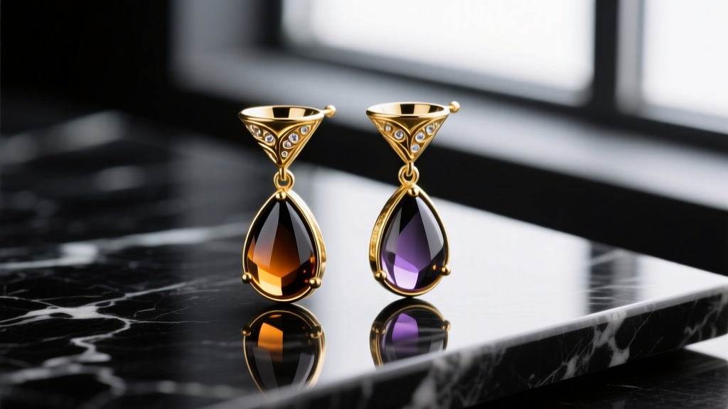 Macro shot of 14k gold vermeil espresso martini glass charm earrings with smoky quartz liquid, resting on dark marble