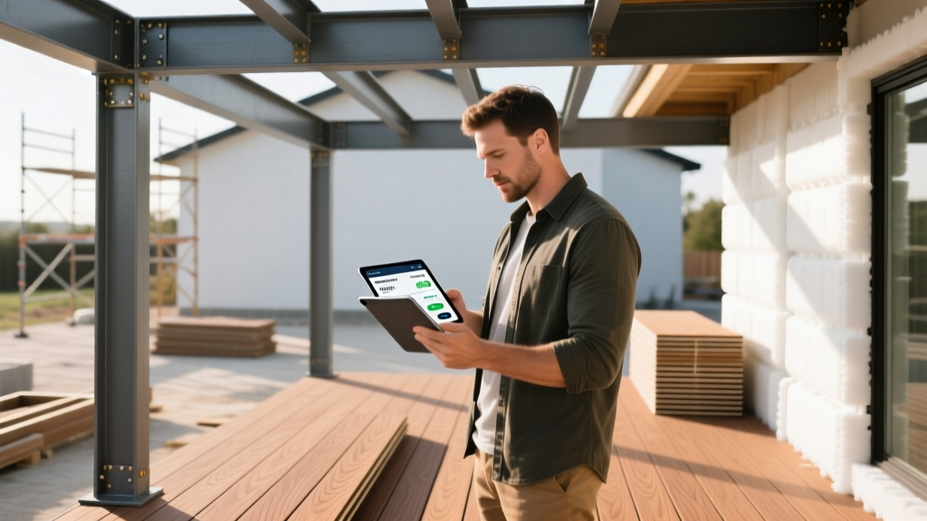Homeowner using a tablet displaying a composite deck material calculator while inspecting capped polymer deck boards and steel joist framing
