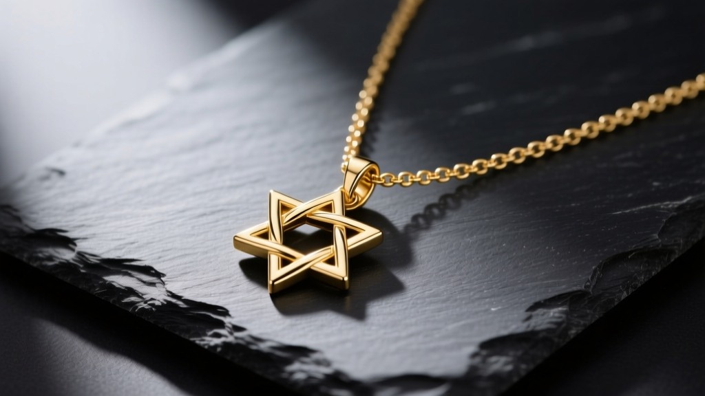14k solid gold necklace with an intertwined cross and Star of David pendant resting on dark slate under soft studio lighting.