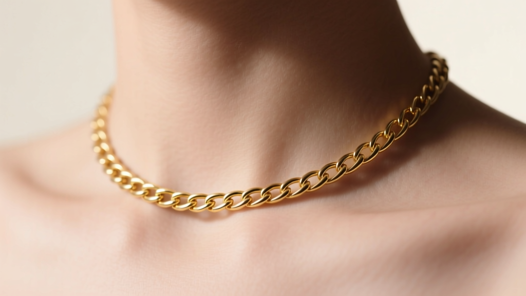 Macro shot of a 14k yellow gold herringbone choker on a collarbone, revealing a visible chain kink under soft directional lighting.