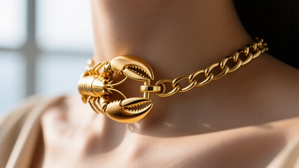 Close-up of a gold lobster clasp securing an 18 inch chain at the nape, showing the stress point and secure locking mechanism