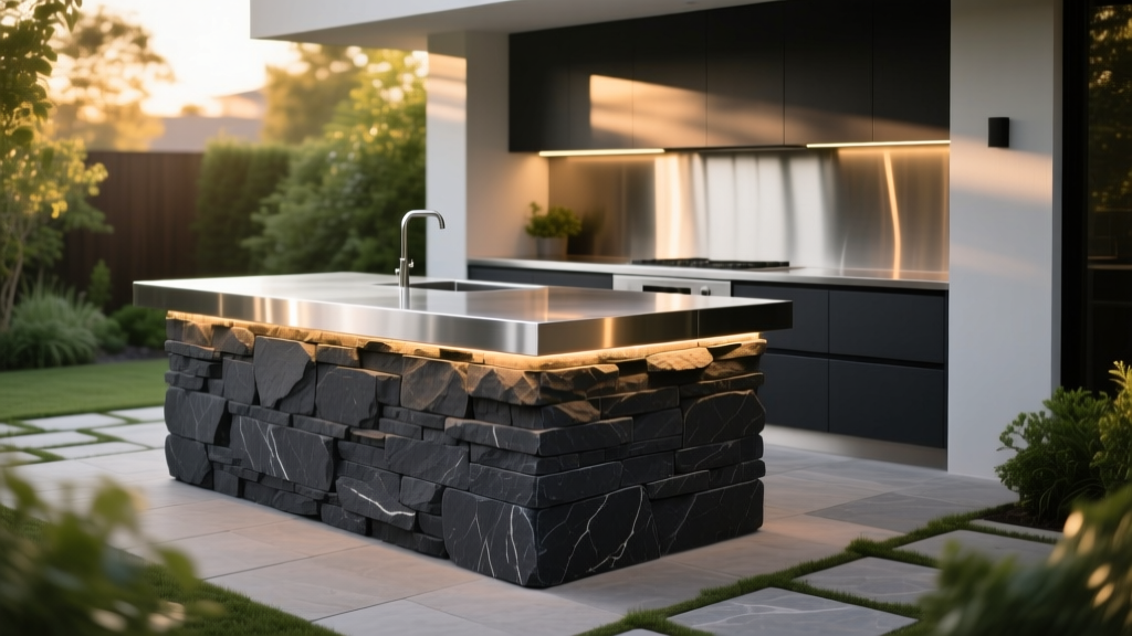 Dark charcoal stacked stone veneer island base with LED lighting and stainless steel countertop in a modern outdoor kitchen