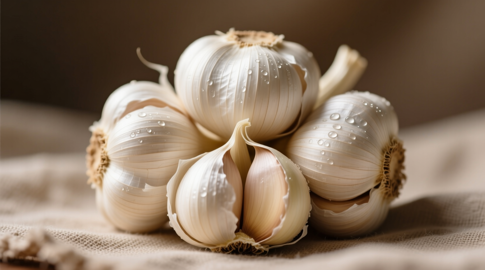 Fresh garlic bulbs with cloves separated showing natural papery skin