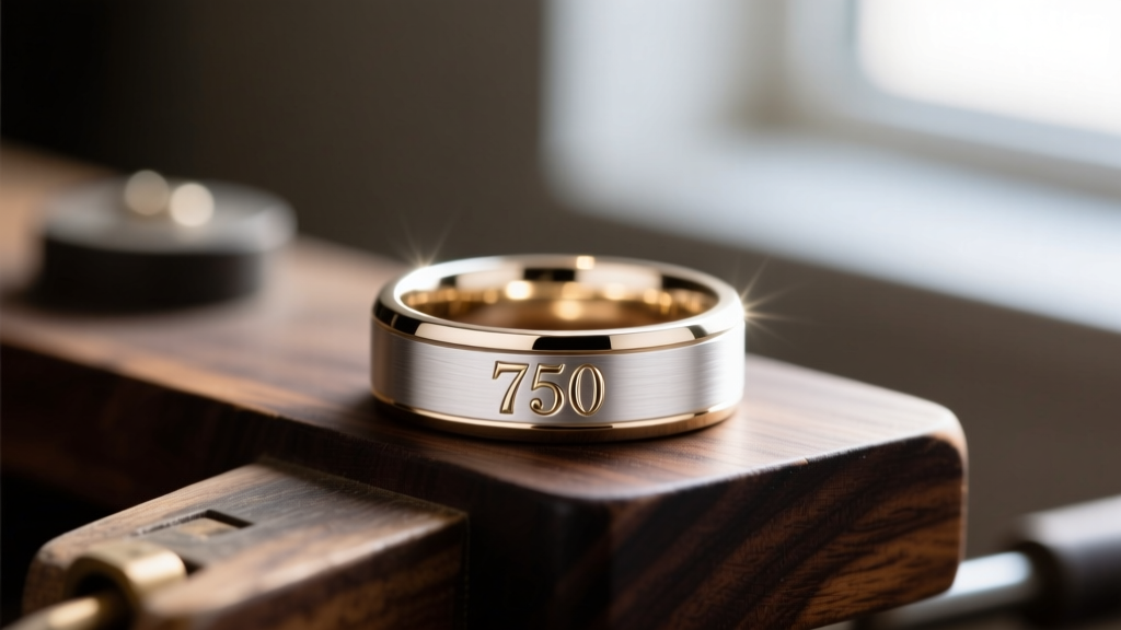 Macro view of a 750 hallmark inside a white gold ring, lit by a fiber-optic light on a dark wooden jeweler workbench surface