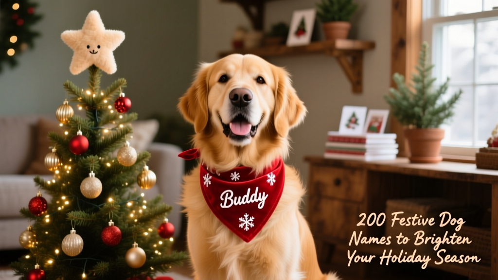 A joyful dog sitting beside a decorated Christmas tree, wearing a festive bandana