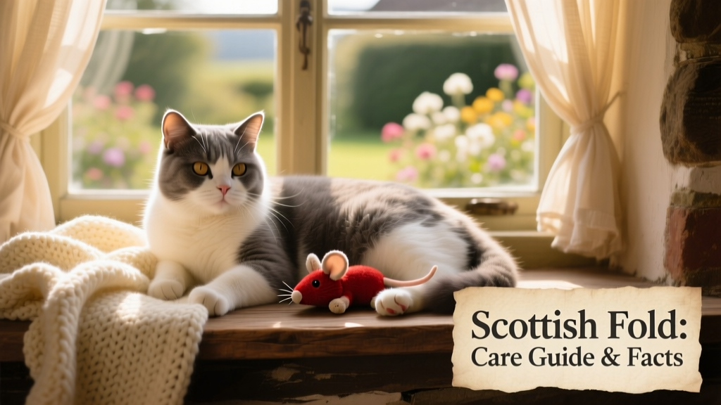 A relaxed Scottish Fold lounging on a cozy windowsill, bathed in sunlight, with a soft blanket and a small toy nearby