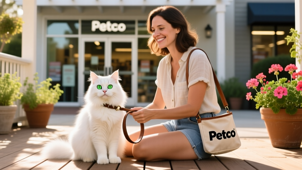 A calm, well-groomed cat sitting beside a friendly person holding a leash and treat bag