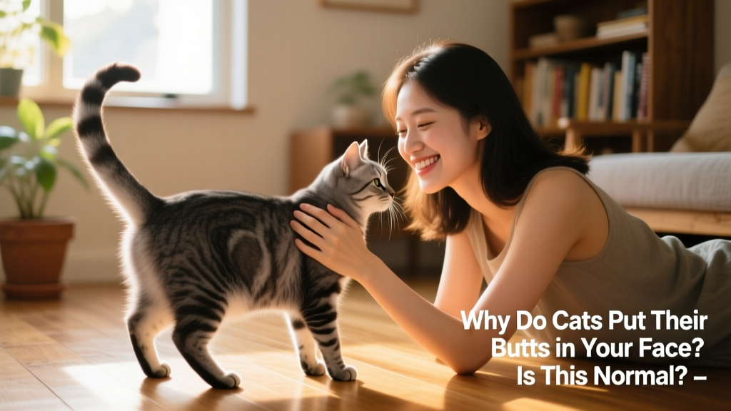 A person smiling while gently stroking a cat’s back as the cat leans in, tail held high