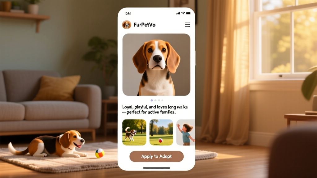 Screenshot-style image showing a Beagle's FurPetVo profile page with bio, photos, and 'Apply to Adopt' button