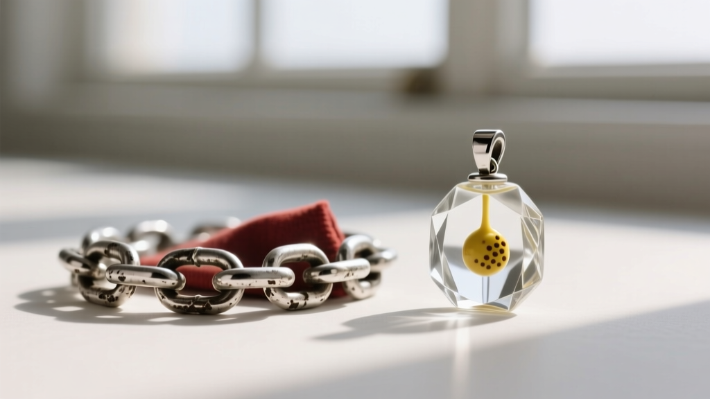 Tarnished sterling silver chain link polished with a treated rouge cloth next to a pristine glass mustard seed cross pendant