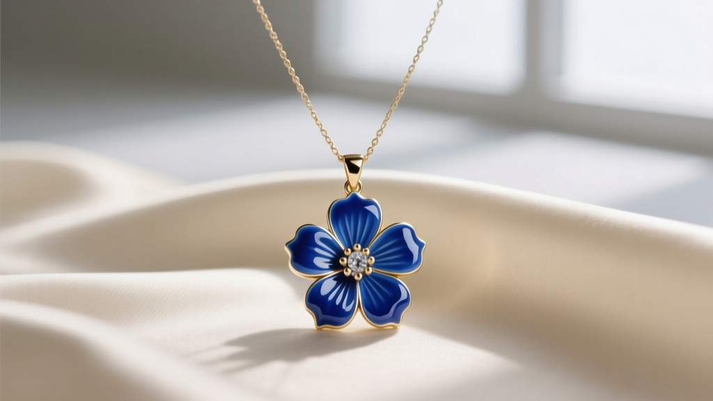 Macro shot of a cobalt blue enamel flower necklace pendant resting on cream silk fabric, soft studio lighting, high jewelry detail.
