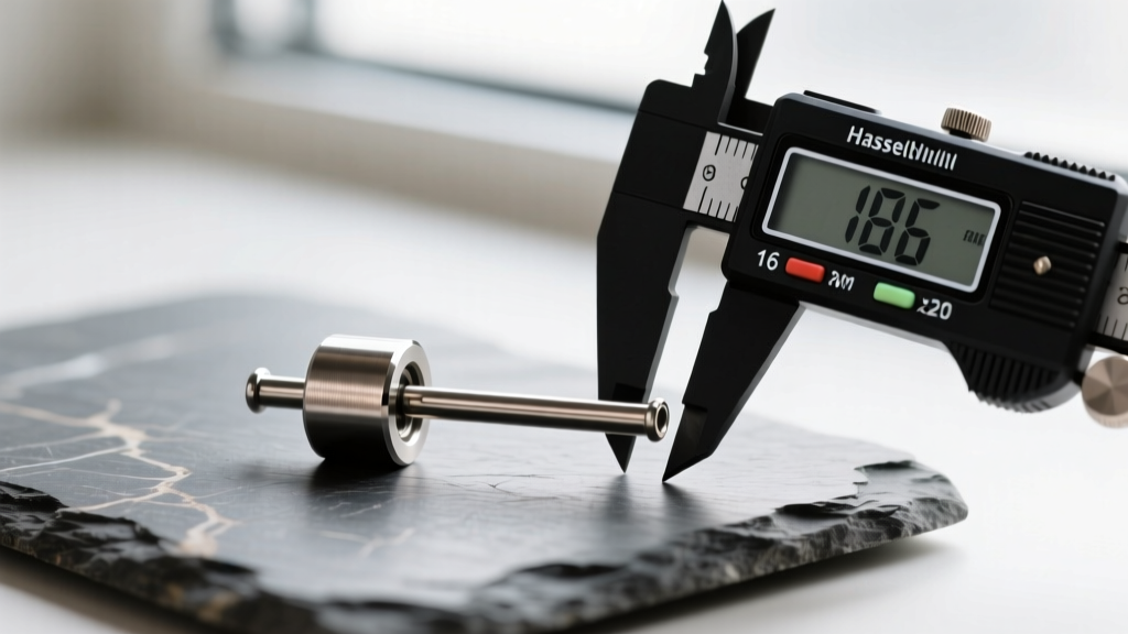 Macro shot of a 16-gauge titanium labret stud with a 6mm post resting on slate next to a digital caliper measuring the metal bar