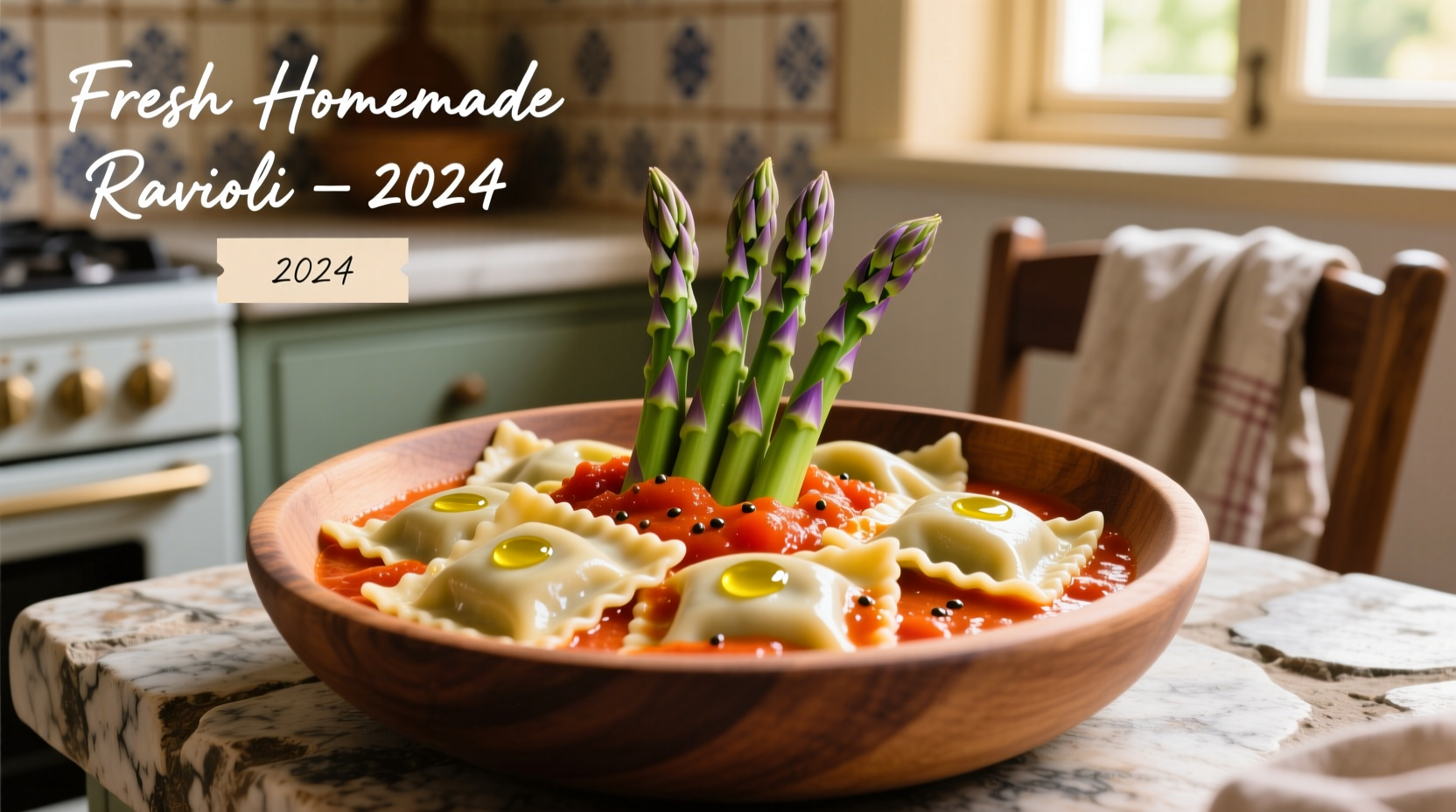 Fresh ravioli with asparagus and tomato sauce