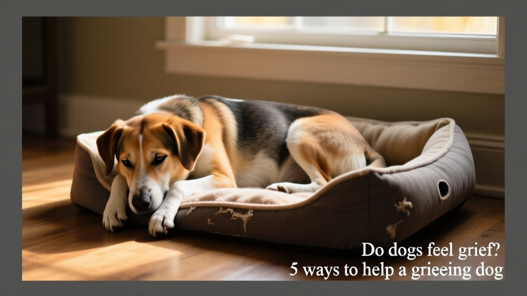 A dog resting quietly beside an empty pet bed, head resting on its paws, looking subdued but calm