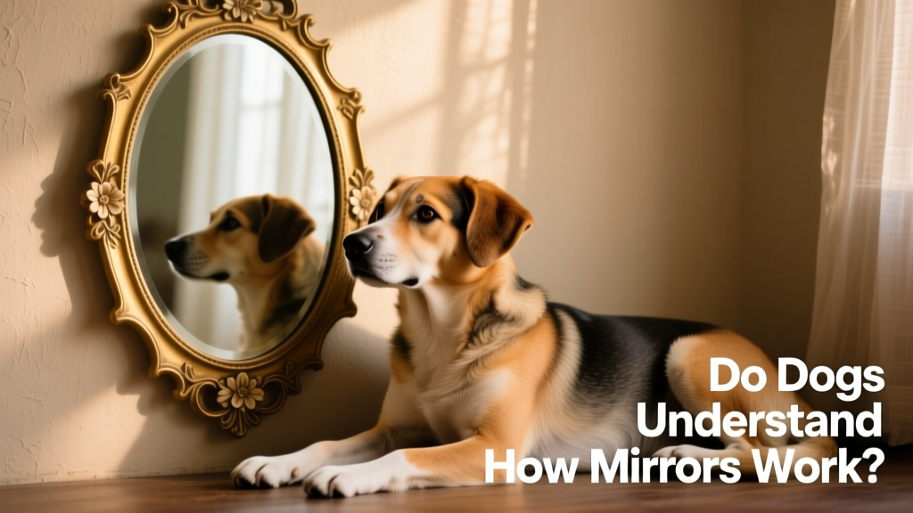 A relaxed dog lying beside a decorative wall mirror, showing no interest in the reflection