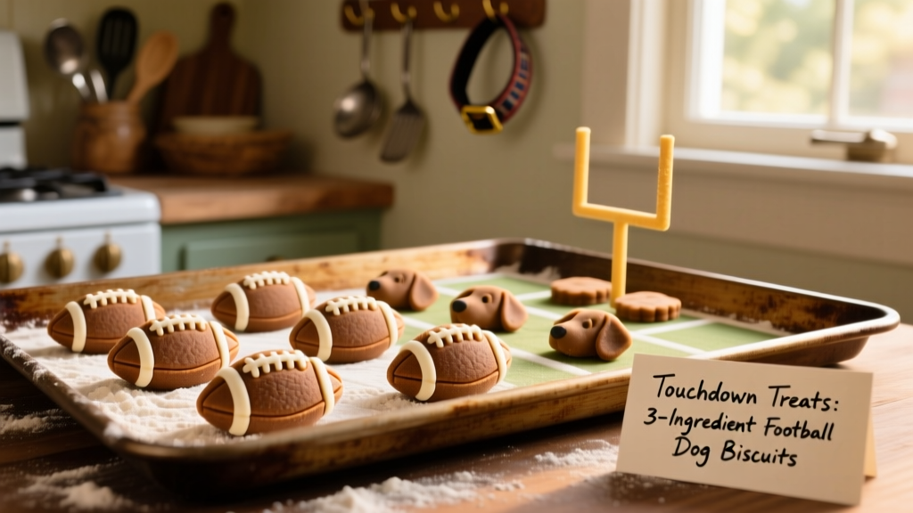 Homemade football-shaped dog treats arranged on a baking sheet before baking