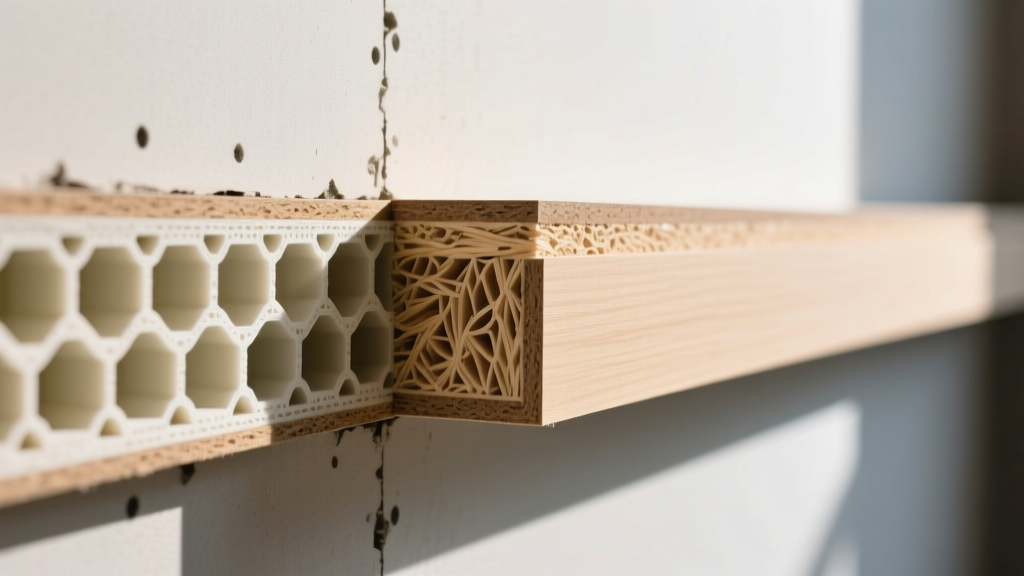 Cross-section of cellular PVC and MDF baseboards showing internal density layers installed against finished drywall