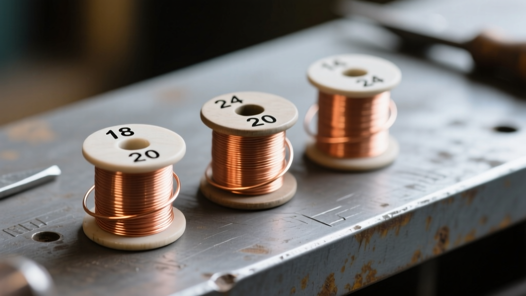 Macro shot of wire spools labeled 18, 20, and 24 gauge in bare copper resting on a textured gray steel jeweler
