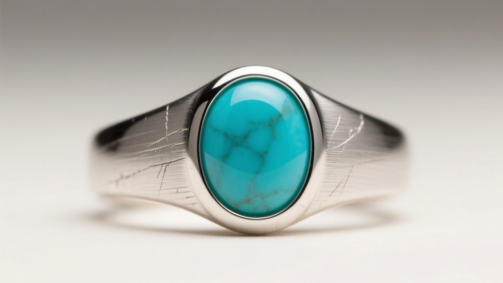 Macro shot of a handcrafted bezel setting on a matte-finished silver ring, securely holding a smooth turquoise cabochon stone