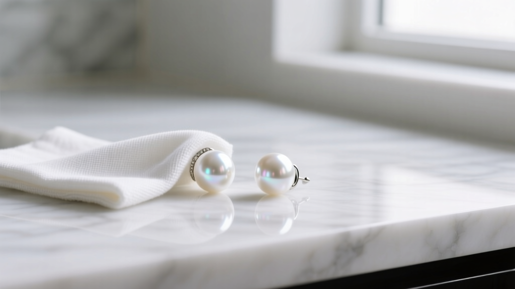White pearl earrings wiped with a dry microfiber cloth on a marble counter under soft diffused natural light from a window
