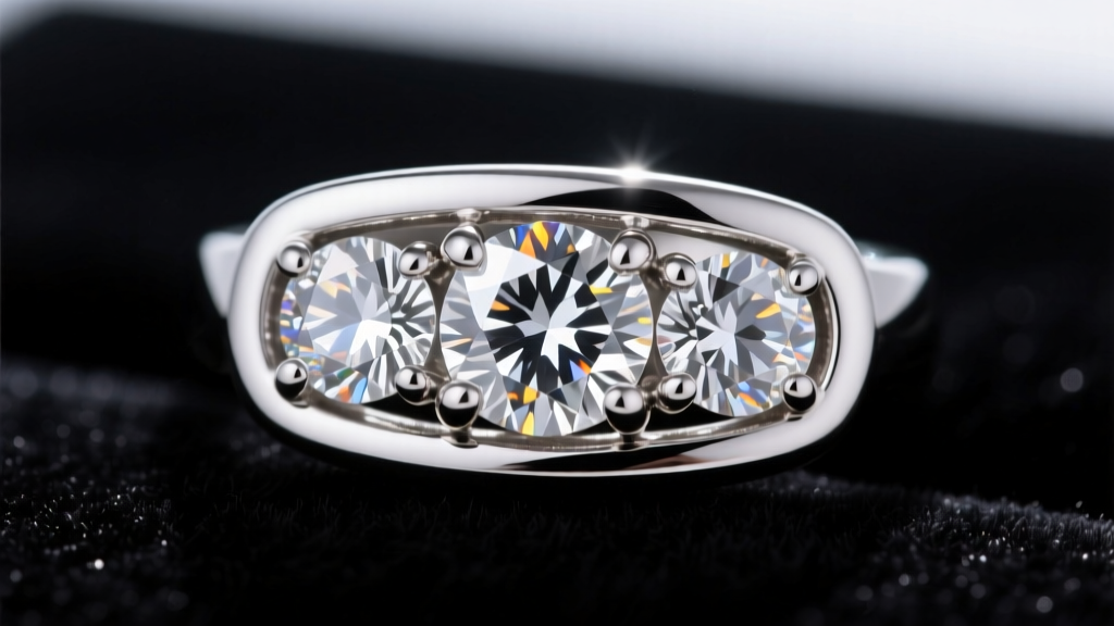 Macro shot of a bezel-set trio diamond pendant in platinum, smooth metal rims securing three matching stones on dark velvet.