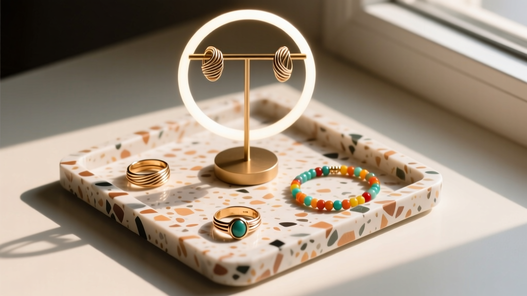 Overhead flat-lay of a terrazzo DIY jewelry stand holding wire-wrapped rings and beaded bracelets, illuminated by soft ring light