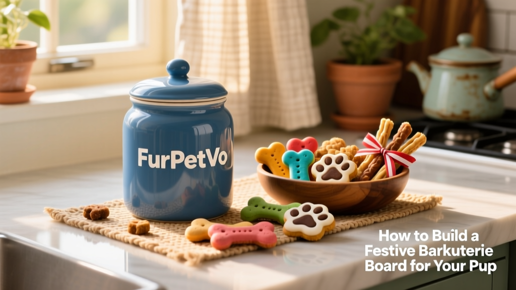 A ceramic blue dog treat jar labeled 'FurPetVo' sitting on a kitchen counter next to a few festive dog treats